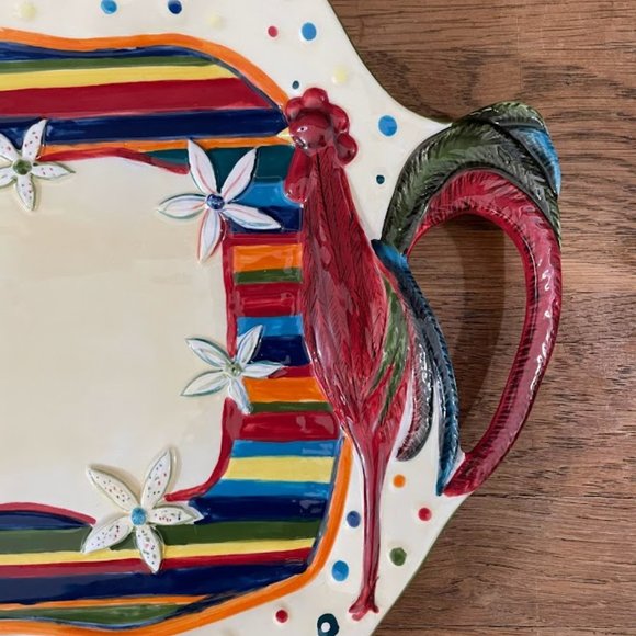 MWW Market Cindy Shamp Rooster Floral Colorful Stripe Ceramic Platter Serving - Picture 4 of 9